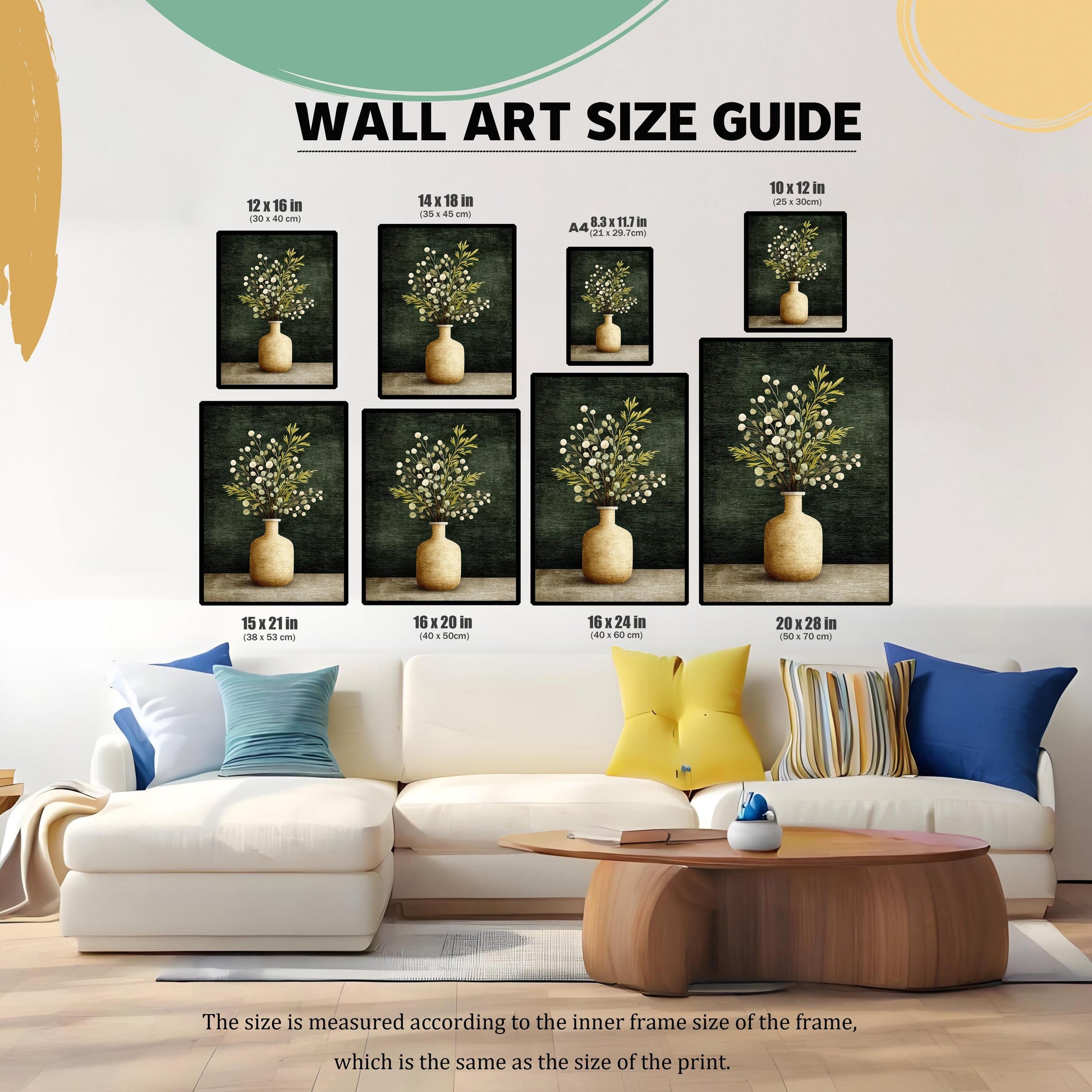A Wall Art Size Guide graphic. It shows seven different sizes of the framed art print (12x16, 14x18, A4, 10x12, 15x21, 16x20, 16x24, 20x28) displayed on a wall above a white sofa to illustrate scale.