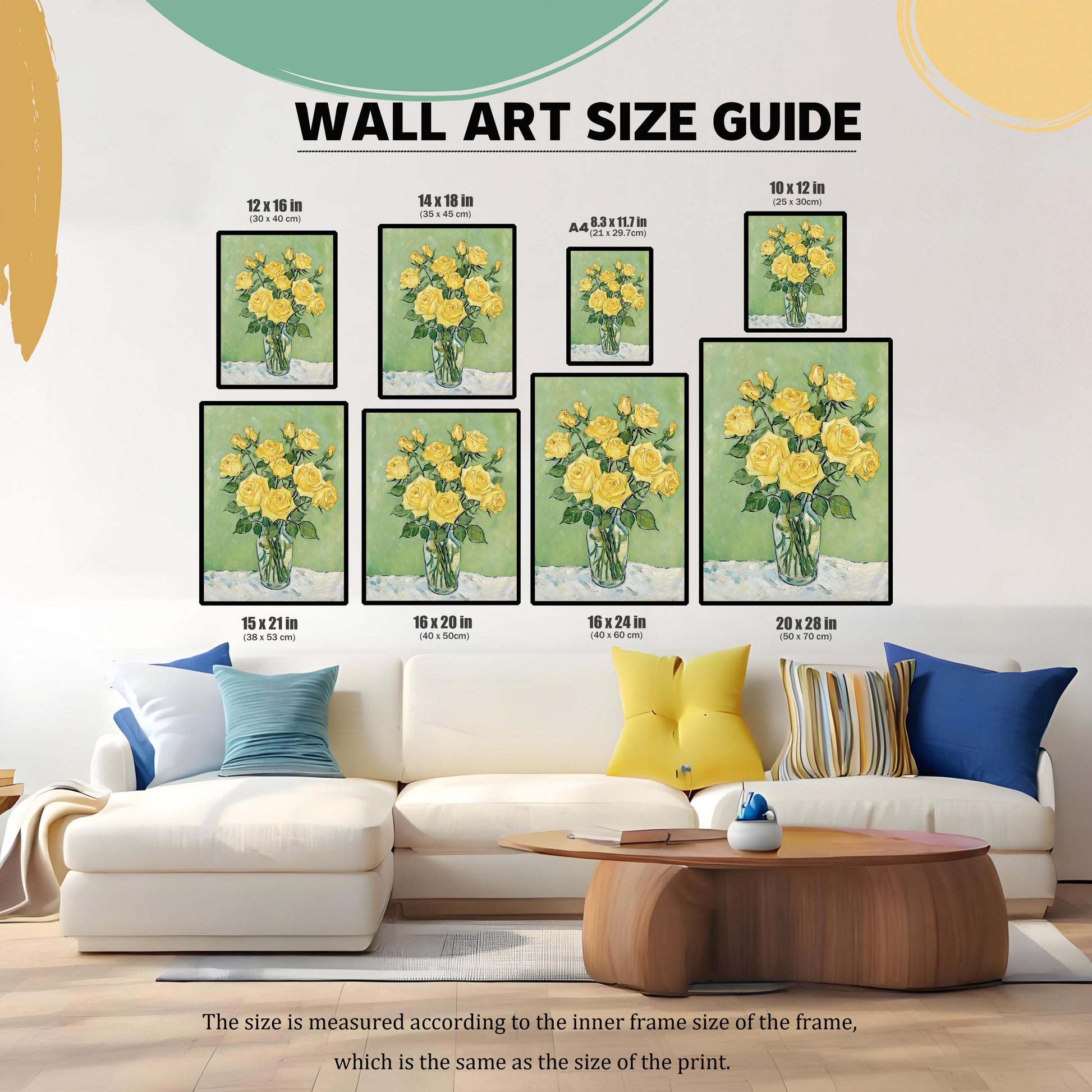 An art size guide shows a couch and the same yellow rose print in eight different sizes, from 8.3 x 11.7 in to 20 x 28 in.