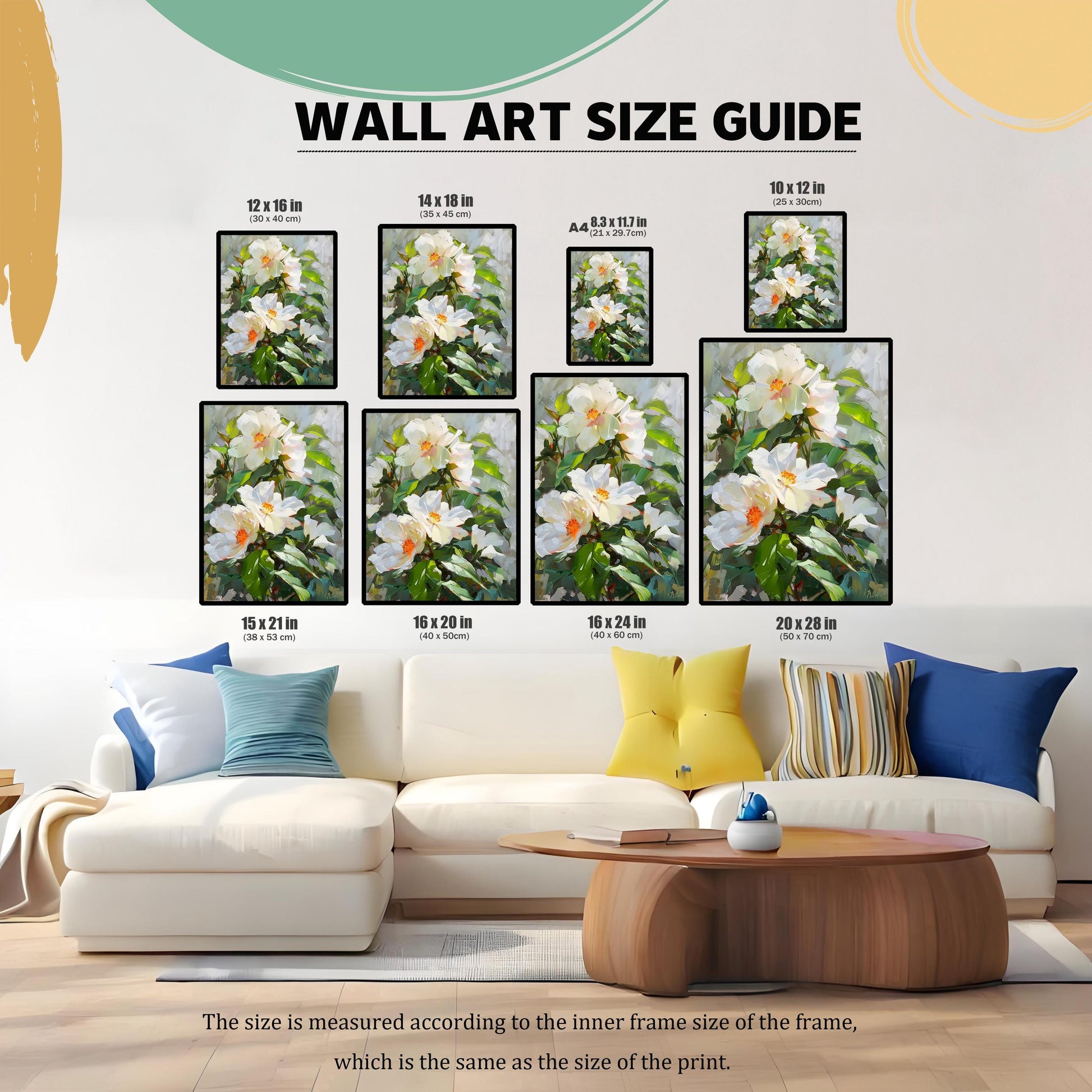 WALL ART SIZE GUIDE chart showing the floral print in various sizes: 12x16, 14x18, A4, 10x12, 15x21, 16x20, 16x24, and 20x28 inches, displayed above a large white sectional sofa.