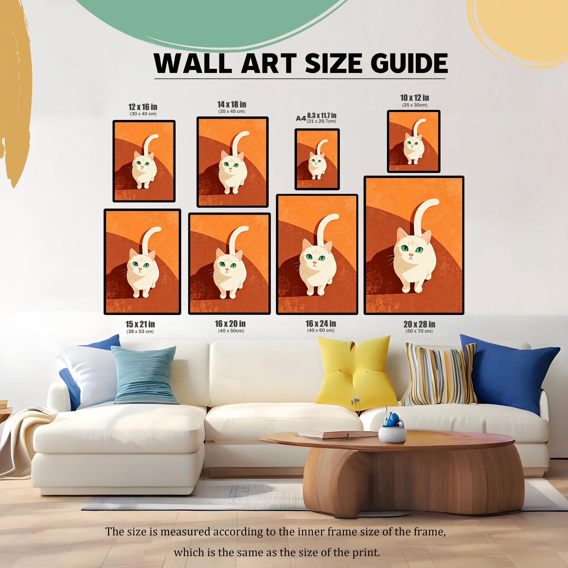 Wall Art Size Guide image showing the cat looking up print in various sizes arranged above a large white sectional couch in a living room. Sizes listed include 12x16 in, 14x18 in, A4 (8.3x11.7 in), 10x12 in, 15x21 in, 16x20 in, 16x24 in, and 20x28 in.