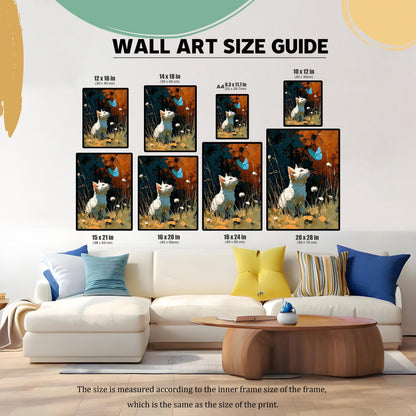 Wall Art Size Guide showing the framed white cat art print in eight different sizes placed above a white sectional sofa, including 12x16, 14x18, A4 (8.3x11.7), 10x12, 15x21, 16x20, 16x24, and 20x28 inches.