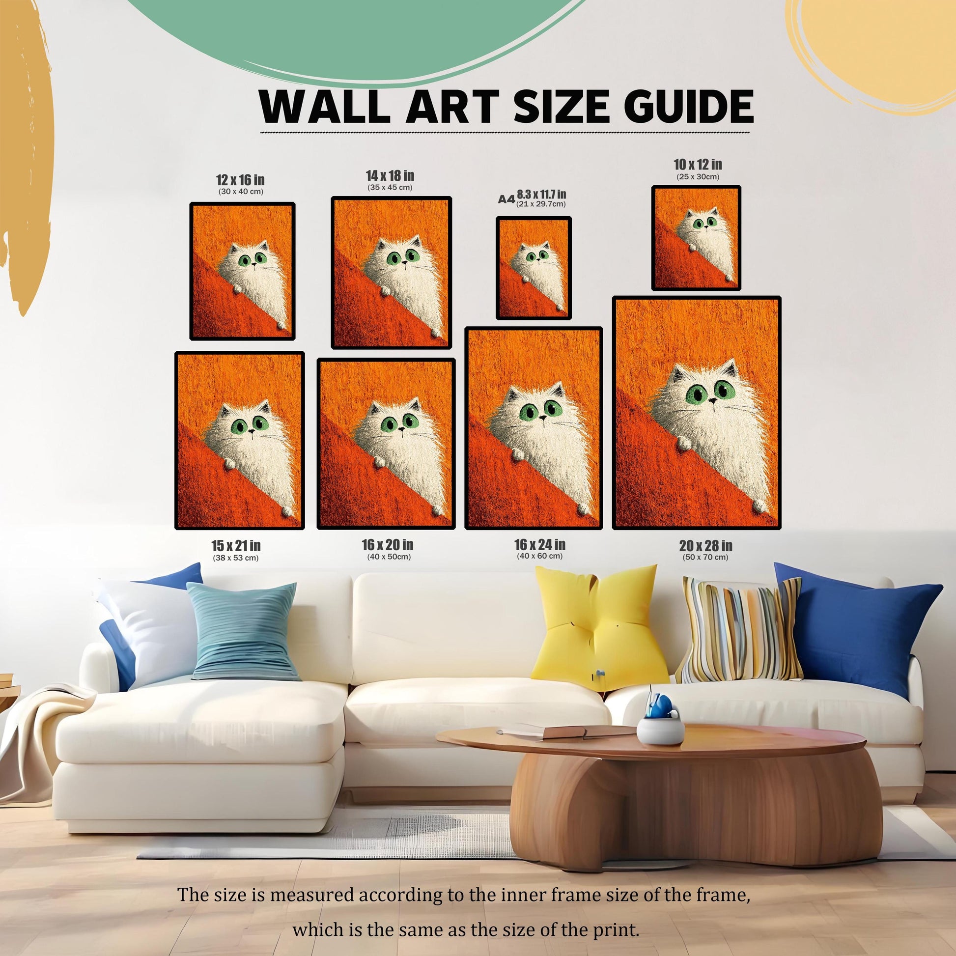 Wall Art Size Guide showing eight different print sizes (10x12, 12x16, 14x18, 15x21, 16x20, 16x24, 20x28 inches, and A4) displayed above a modern couch and coffee table for scale.