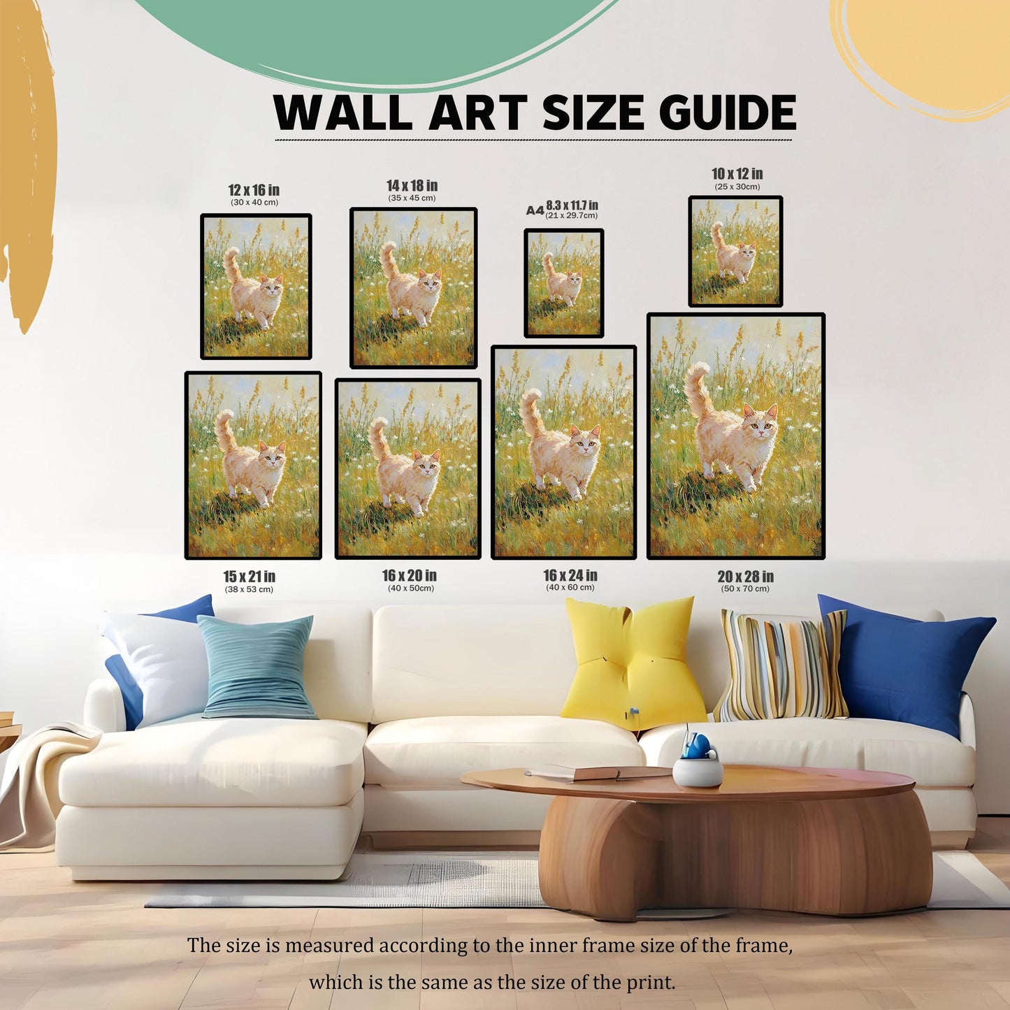 Wall Art Size Guide graphic showing eight different size options of the framed cat art print on a wall above a large white couch. Sizes range from 8.3×11.7 in (A4) to 20×28 in.