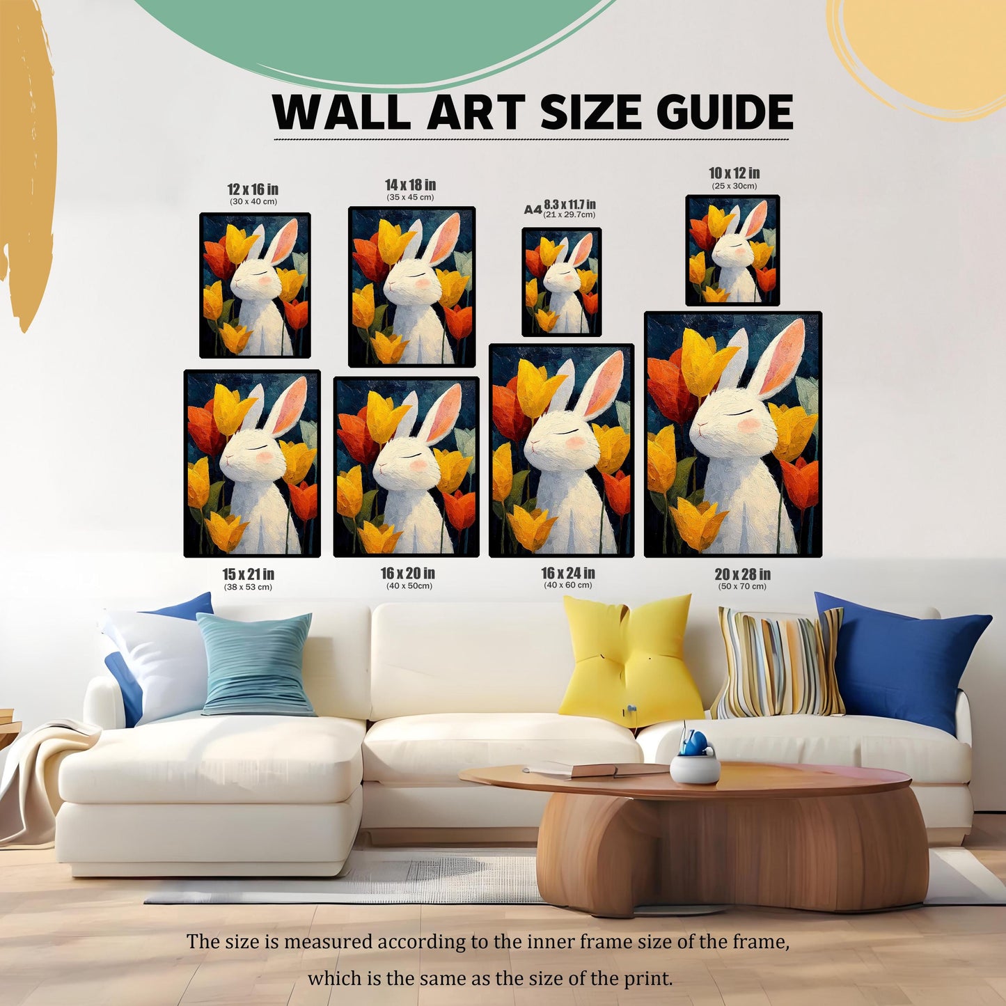 Wall Art Size Guide graphic showing eight different framed sizes (10x12 in to 20x28 in) of the bunny print over a living room couch.