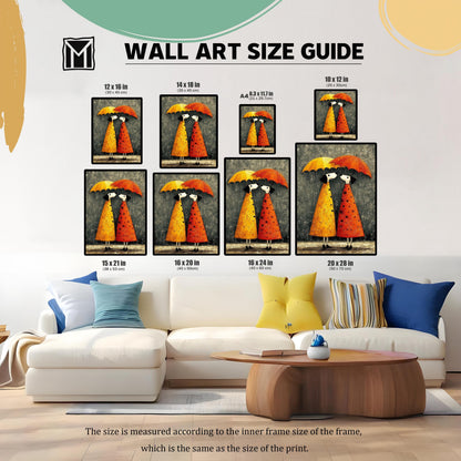 A Wall Art Size Guide graphic showing multiple sizes of the umbrella couple print displayed above a white sofa. Available sizes listed are: 12x16 in, 14x18 in, A4 (8.3x11.7 in), 10x12 in, 15x21 in, 16x20 in, 16x24 in, and 20x28 in.