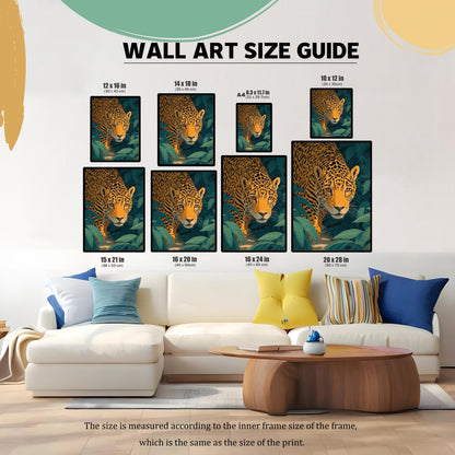 WALL ART SIZE GUIDE. The same framed jaguar artwork (black frame, no mount) is shown in multiple sizes on a wall above a white sectional sofa, including 12×16 in, 14×18 in, 16×20 in, 16×24 in, 10×12 in, 15×21 in, and 20×28 in.