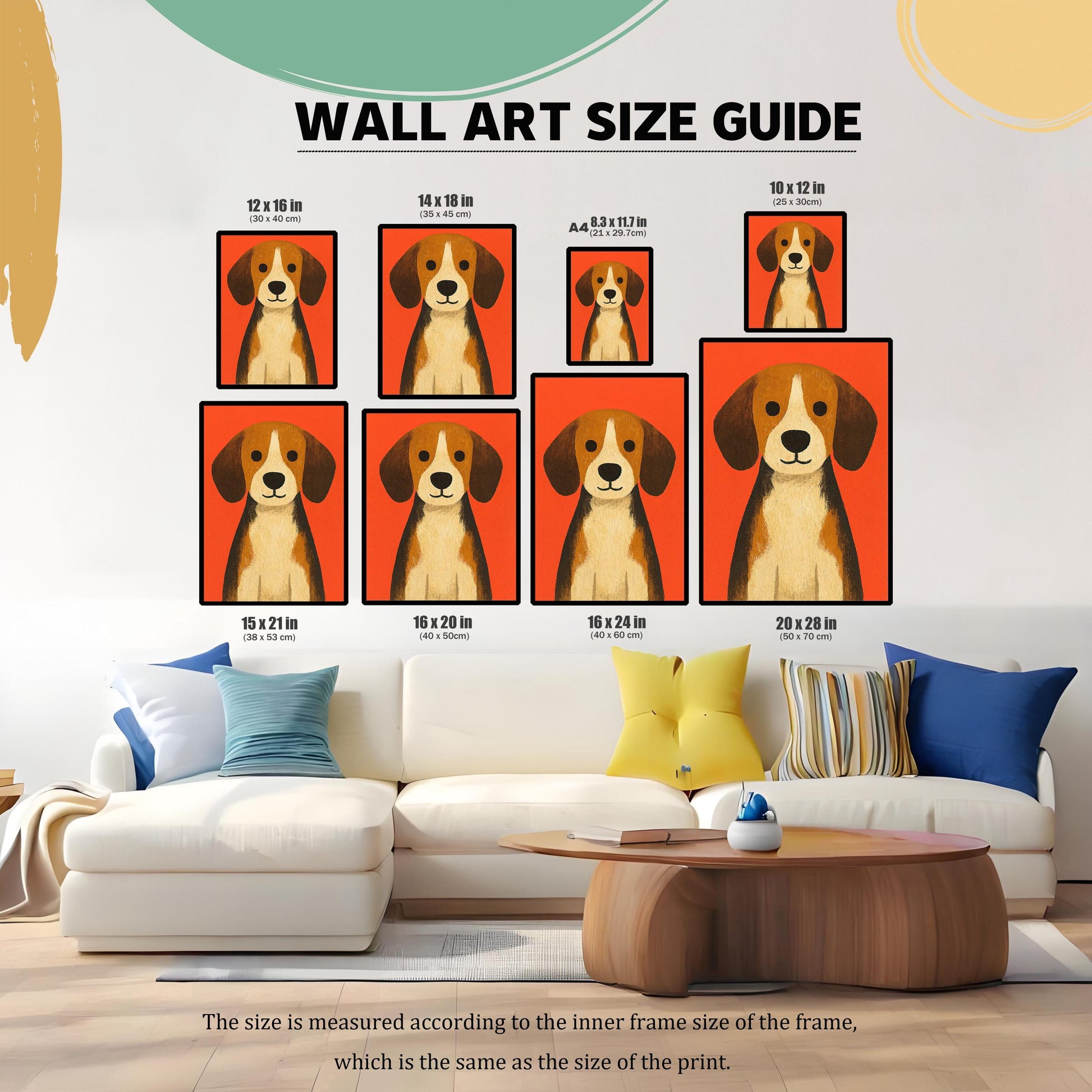 Wall Art Size Guide featuring the Beagle dog print displayed in various sizes above a large white sectional couch. Sizes listed include 12×16 in, 14×18 in, A4 (8.3×11.7 in), 10×12 in, 15×21 in, 16×20 in, 16×24 in, and 20×28 in.