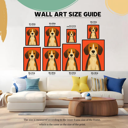 Wall Art Size Guide featuring the Beagle dog print displayed in various sizes above a large white sectional couch. Sizes listed include 12×16 in, 14×18 in, A4 (8.3×11.7 in), 10×12 in, 15×21 in, 16×20 in, 16×24 in, and 20×28 in.