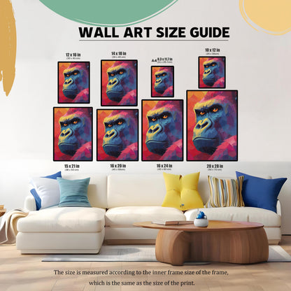 WALL ART SIZE GUIDE. An image demonstrating various print sizes of the gorilla art hanging above a large white couch. Sizes include: 12x16 in, 14x18 in, A4 (8.3x11.7 in), 10x12 in, 15x21 in, 16x20 in, 16x24 in, and 20x28 in.
