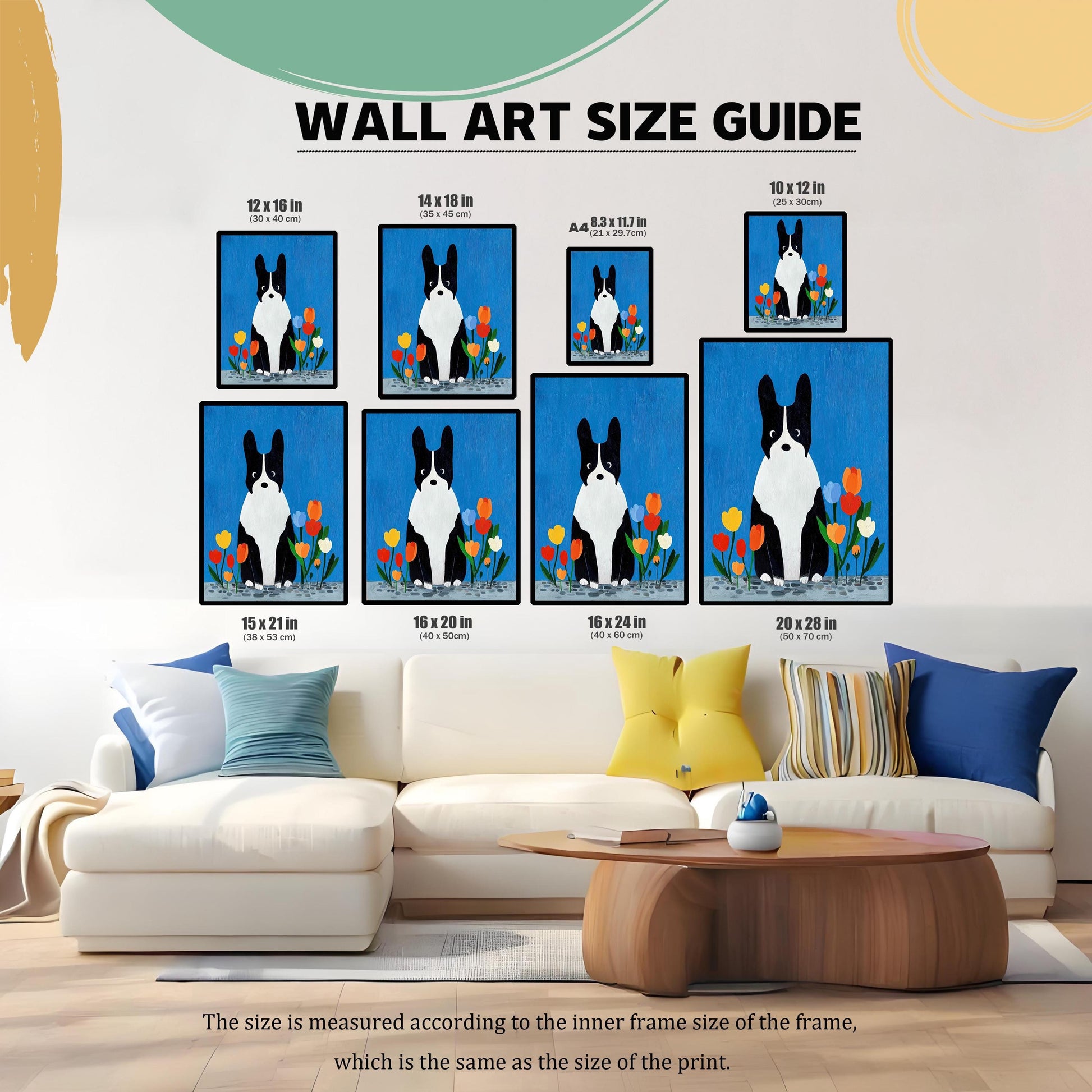 "Wall Art Size Guide" showing various print sizes (12x16, 14x18, A4, 10x12, 15x21, 16x20, 16x24, 20x28 inches) of a black and white dog painting with colorful tulips, displayed above a modern white couch in a living room.