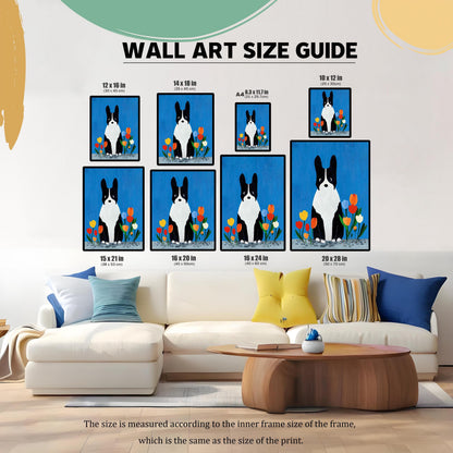 "Wall Art Size Guide" showing various print sizes (12x16, 14x18, A4, 10x12, 15x21, 16x20, 16x24, 20x28 inches) of a black and white dog painting with colorful tulips, displayed above a modern white couch in a living room.