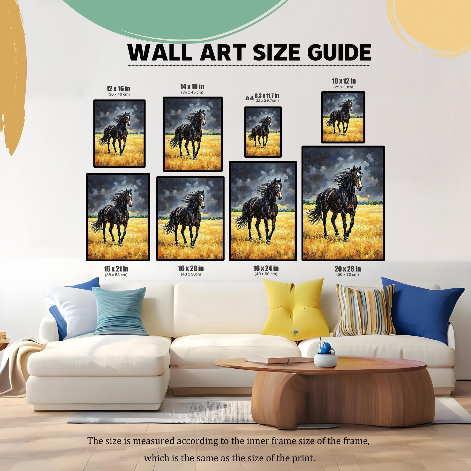 Wall Art Size Guide displaying the black horse oil painting print in eight different sizes above a large white sectional couch.