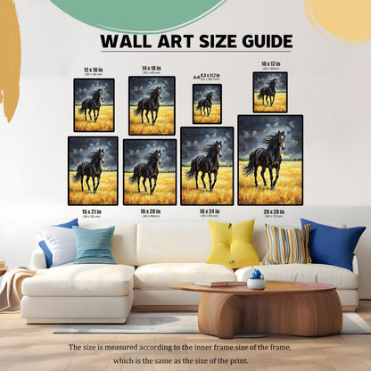 Wall Art Size Guide displaying the black horse oil painting print in eight different sizes above a large white sectional couch.