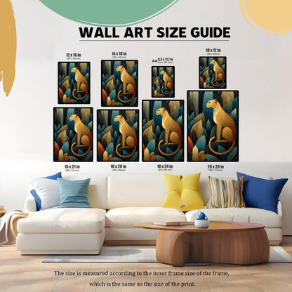 A WALL ART SIZE GUIDE image showing a large couch and coffee table for scale reference. Framed prints are shown in various sizes: 12x16 in, 14x18 in, A4, 10x12 in, 15x21 in, 16x20 in, 16x24 in, and 20x28 in, with metric conversions provided for each.
