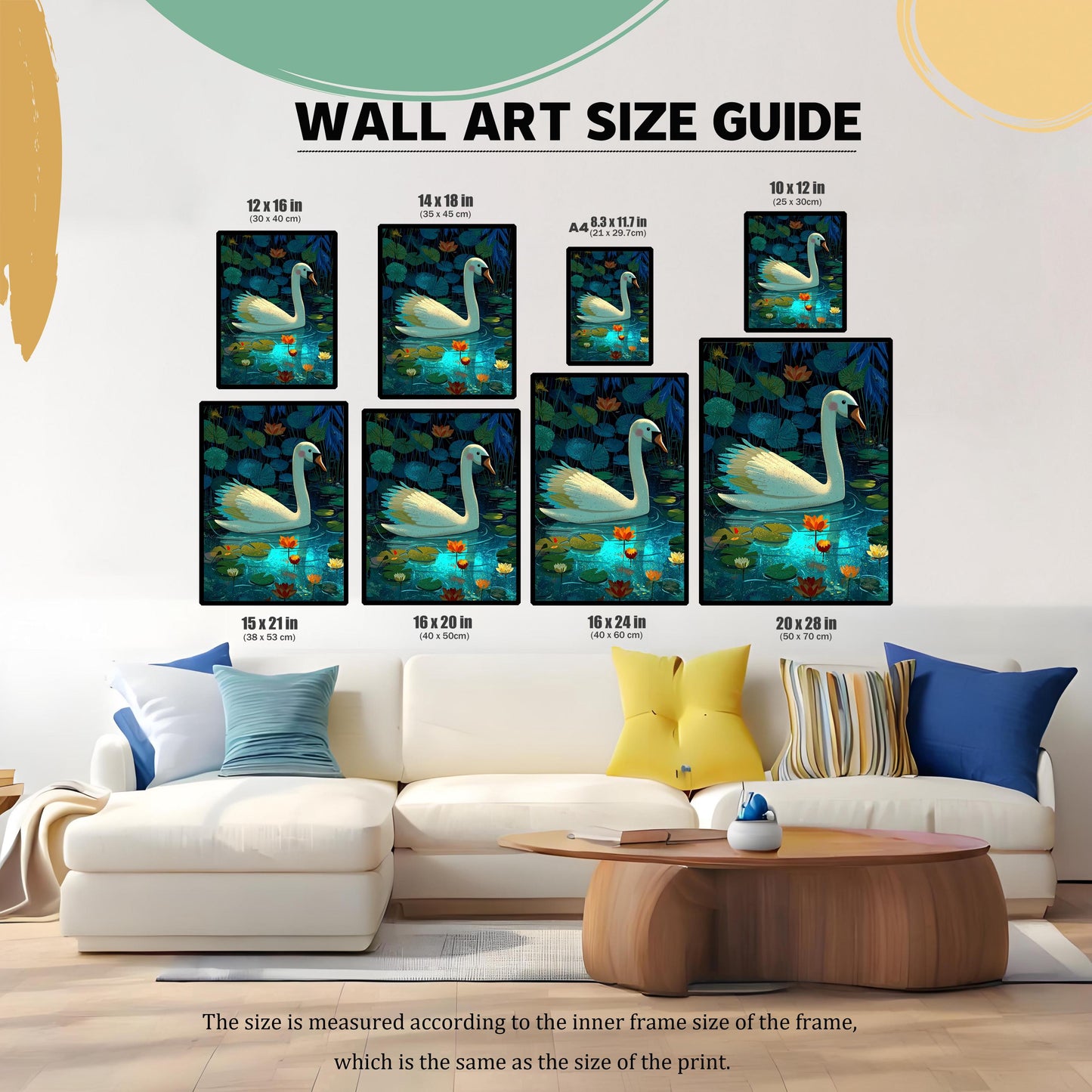 A WALL ART SIZE GUIDE image showing various print sizes displayed above a white sofa. The sizes listed are: 12×16 in, 14×18 in, A4 (8.3×11.7 in), 10×12 in, 15×21 in, 16×20 in, 16×24 in, and 20×28 in. The text notes that the size is measured according to the inner frame size/print size.