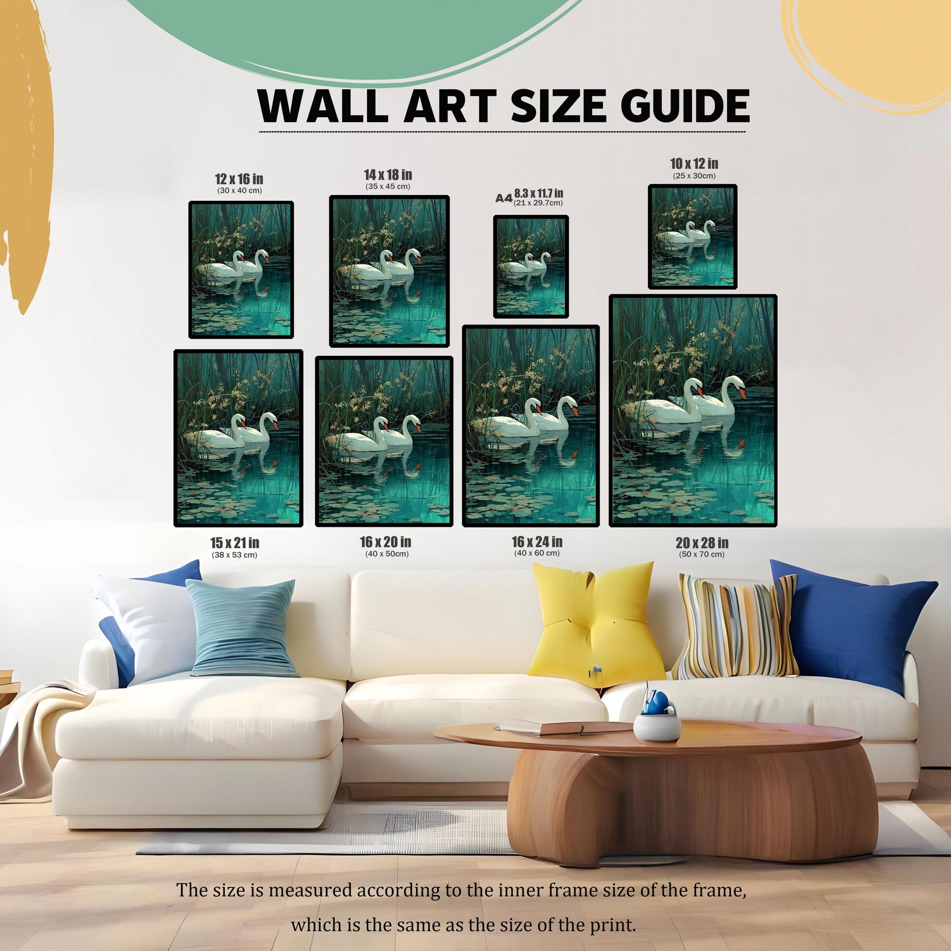 A WALL ART SIZE GUIDE showing the swan print in various sizes, ranging from 8.3×11.7 in (A4) to 20×28 in, displayed above a large white sectional couch.