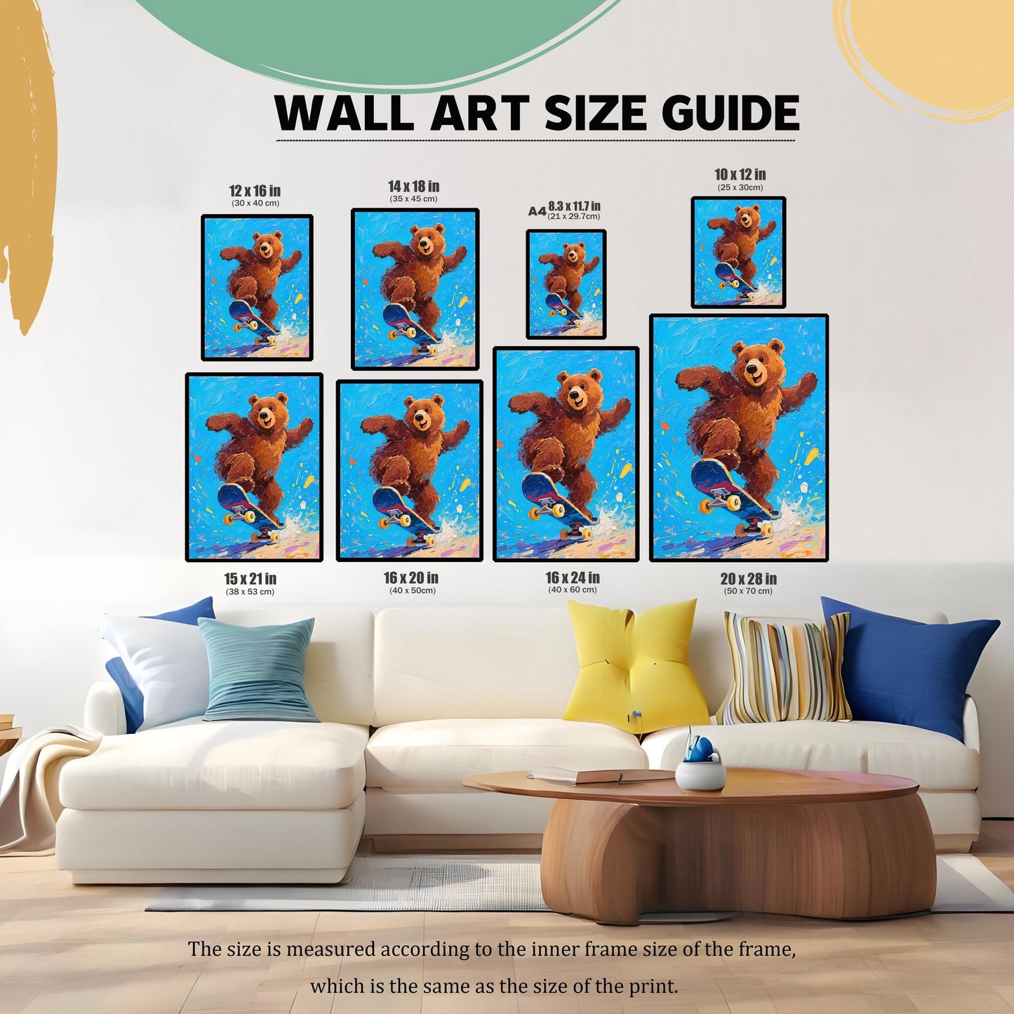 A size guide showing the painting of a bear skateboarding in various dimensions (12x16, 14x18, A4, 10x12, 15x21, 16x20, 16x24, 20x28) above a large white couch.