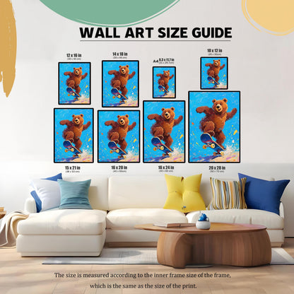 A size guide showing the painting of a bear skateboarding in various dimensions (12x16, 14x18, A4, 10x12, 15x21, 16x20, 16x24, 20x28) above a large white couch.