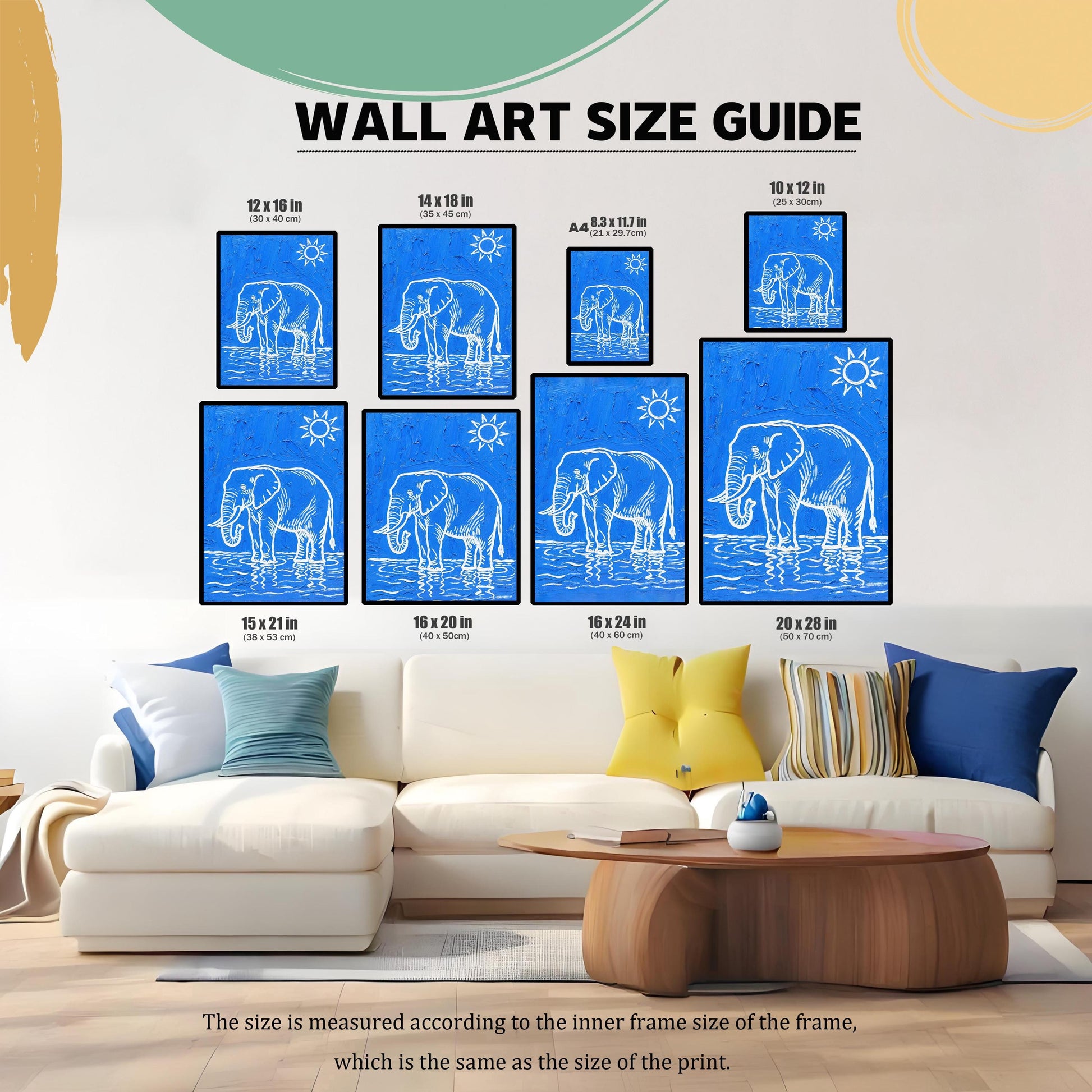 A size guide shows the elephant print in various dimensions over a couch and coffee table.