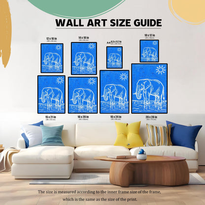 A size guide shows the elephant print in various dimensions over a couch and coffee table.