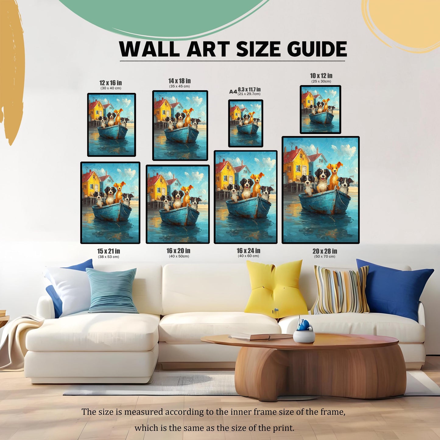 A WALL ART SIZE GUIDE showing the framed dog boat art in various sizes (12x16, 14x18, A4, 10x12, 15x21, 16x20, 16x24, 20x28 inches) displayed over a large white sofa.