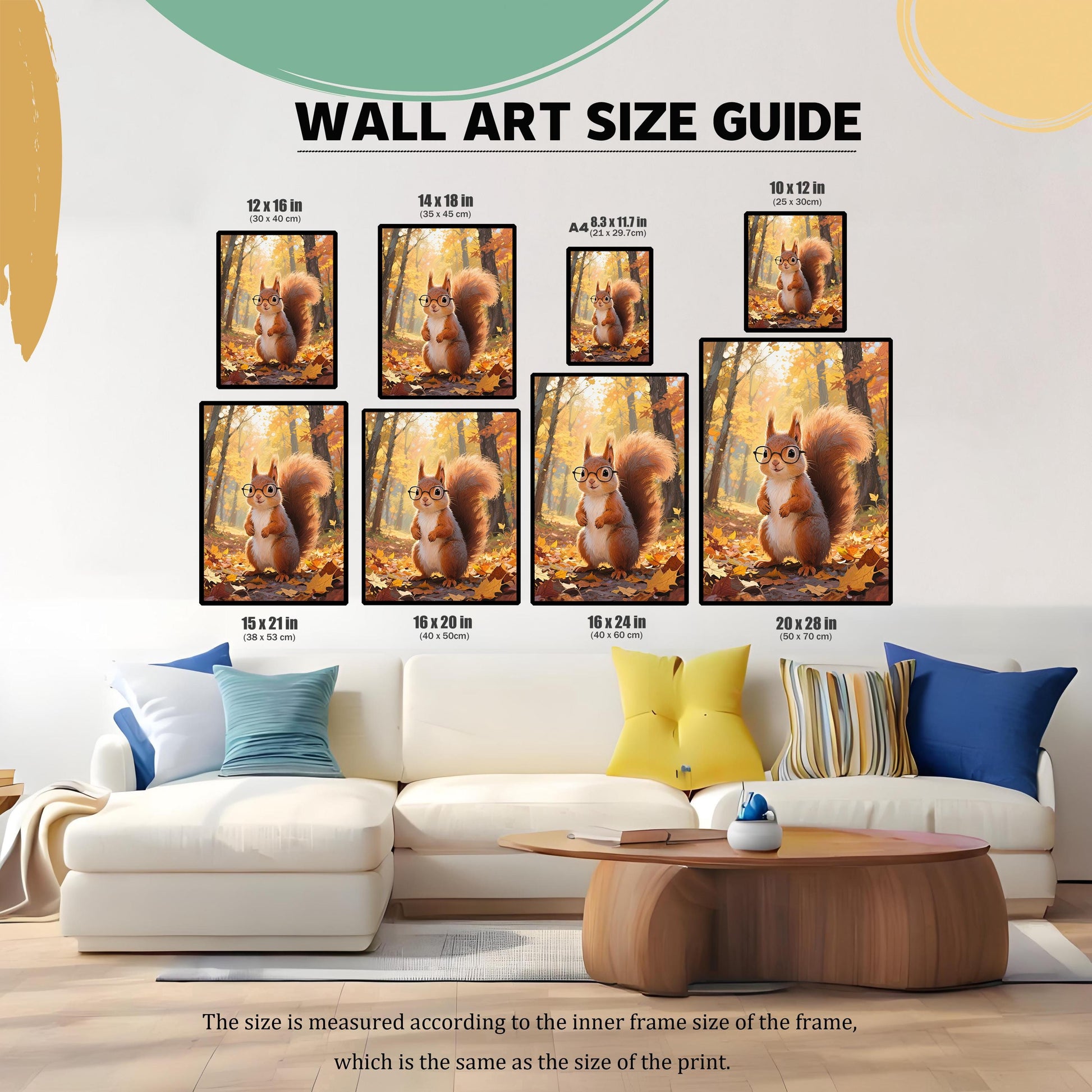 A wall art size guide showing eight different framed sizes of a cartoon squirrel wearing glasses in an autumn forest, displayed above a sofa.