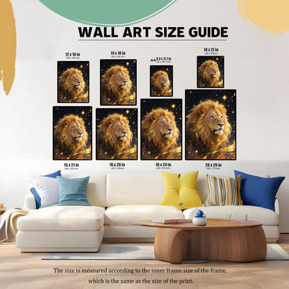 A wall art size guide showing nine different framed sizes of a starry lion portrait, displayed on a living room wall above a sofa.