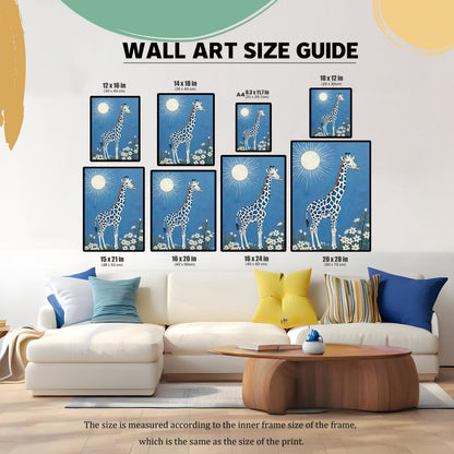 A wall art size guide showing the blue and white giraffe print in various common sizes (e.g., 12x16, 16x20, 20x28 inches) displayed above a white sofa.