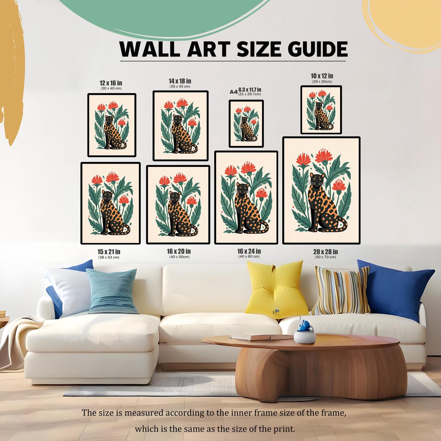 A wall art size guide showing various sizes of the leopard print art, from 10x12 inches to 20x28 inches, displayed above a white sofa.