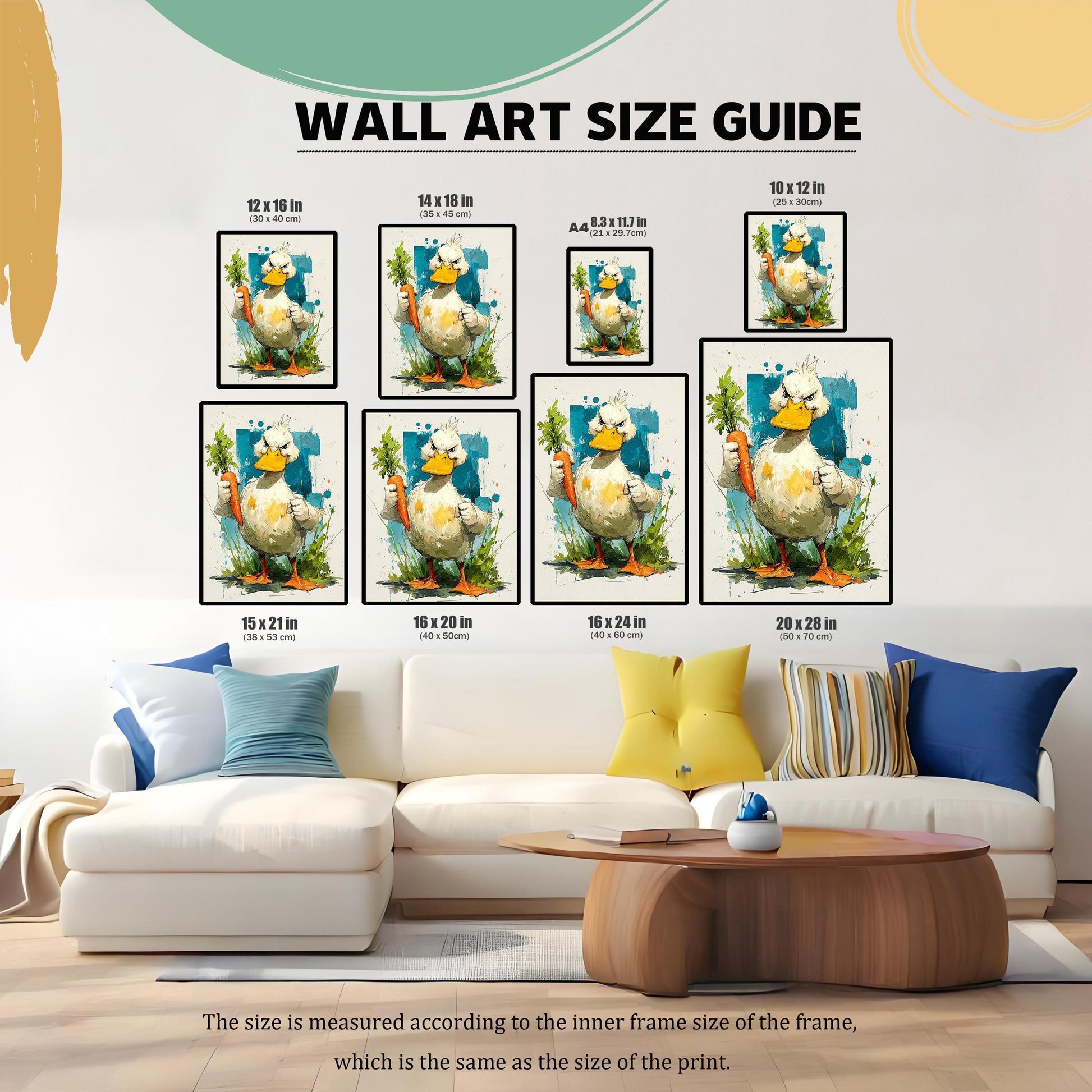 A size guide for the wall art, showing the angry duck print in eight different common sizes, displayed over a white couch in a living room setting.