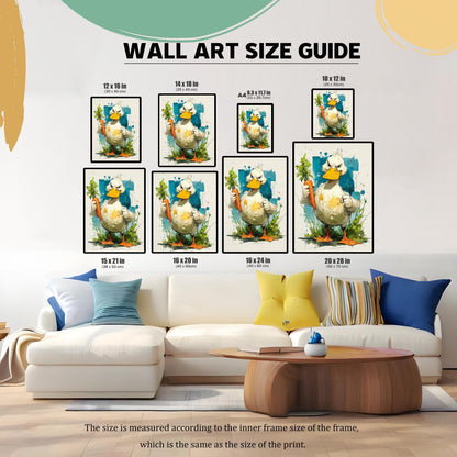 A size guide for the wall art, showing the angry duck print in eight different common sizes, displayed over a white couch in a living room setting.
