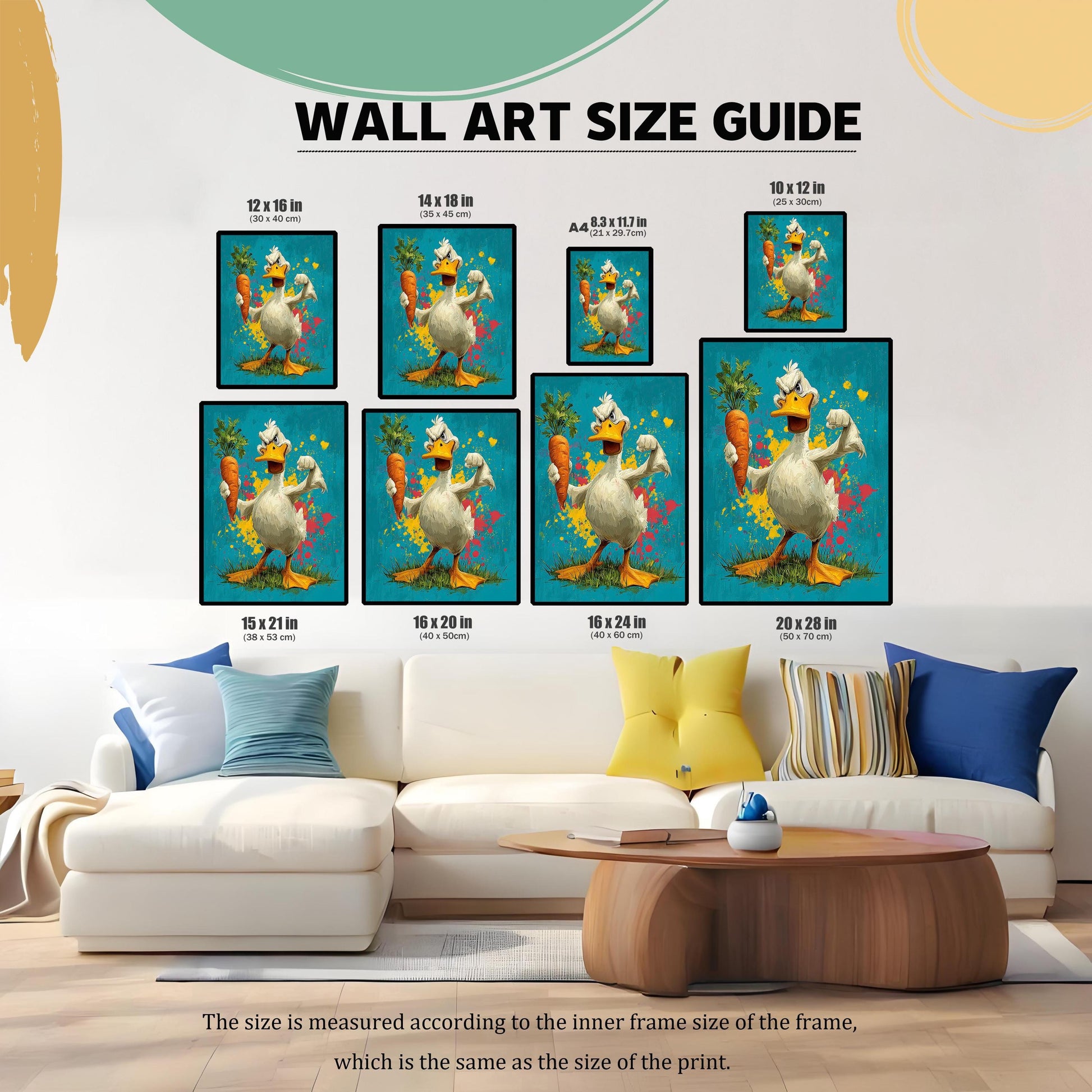 Wall art size guide showing the duck print in various frame sizes (12x16 in to 20x28 in) arranged above a large white couch in a living room.