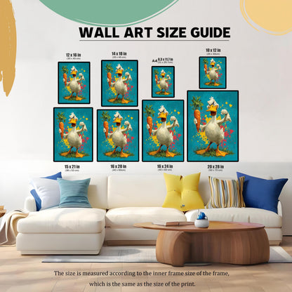 Wall art size guide showing the duck print in various frame sizes (12x16 in to 20x28 in) arranged above a large white couch in a living room.