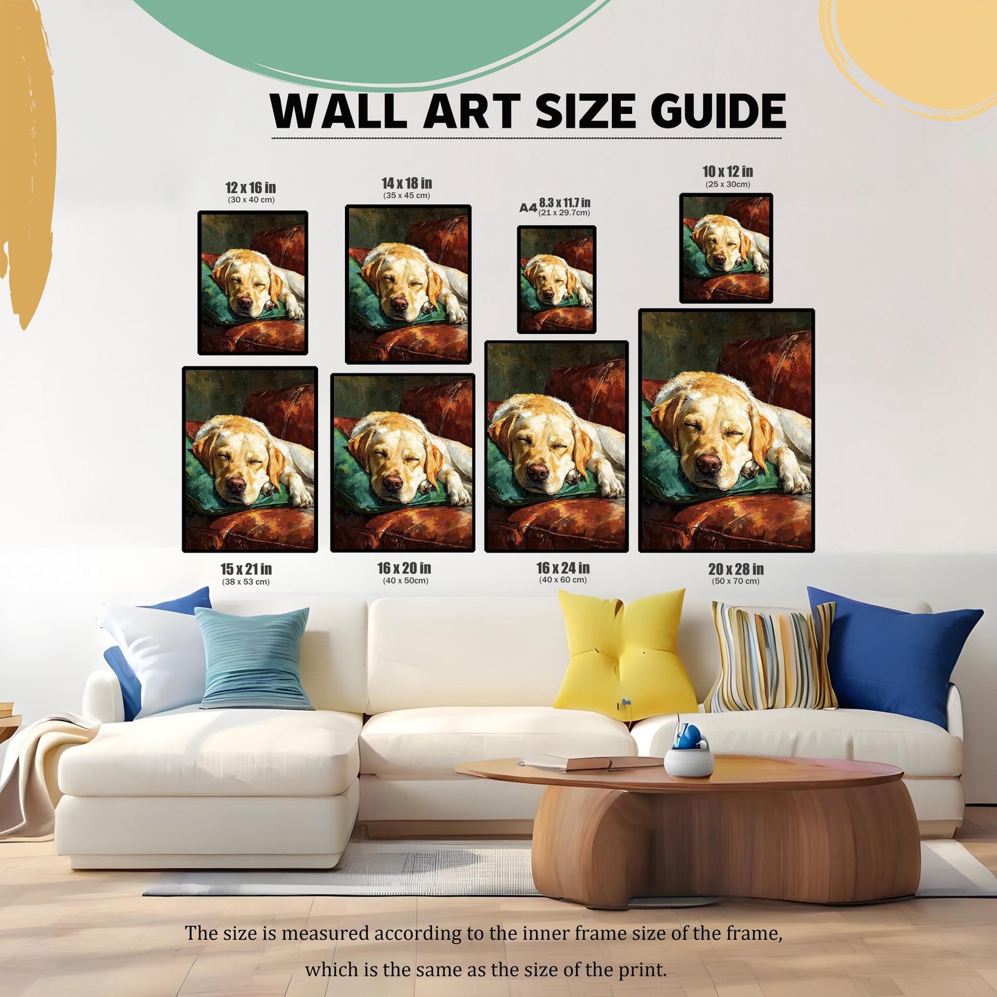 Wall art size guide showing the sleeping Labrador print in various frame sizes (12x16 in to 20x28 in) arranged above a large white sectional couch.