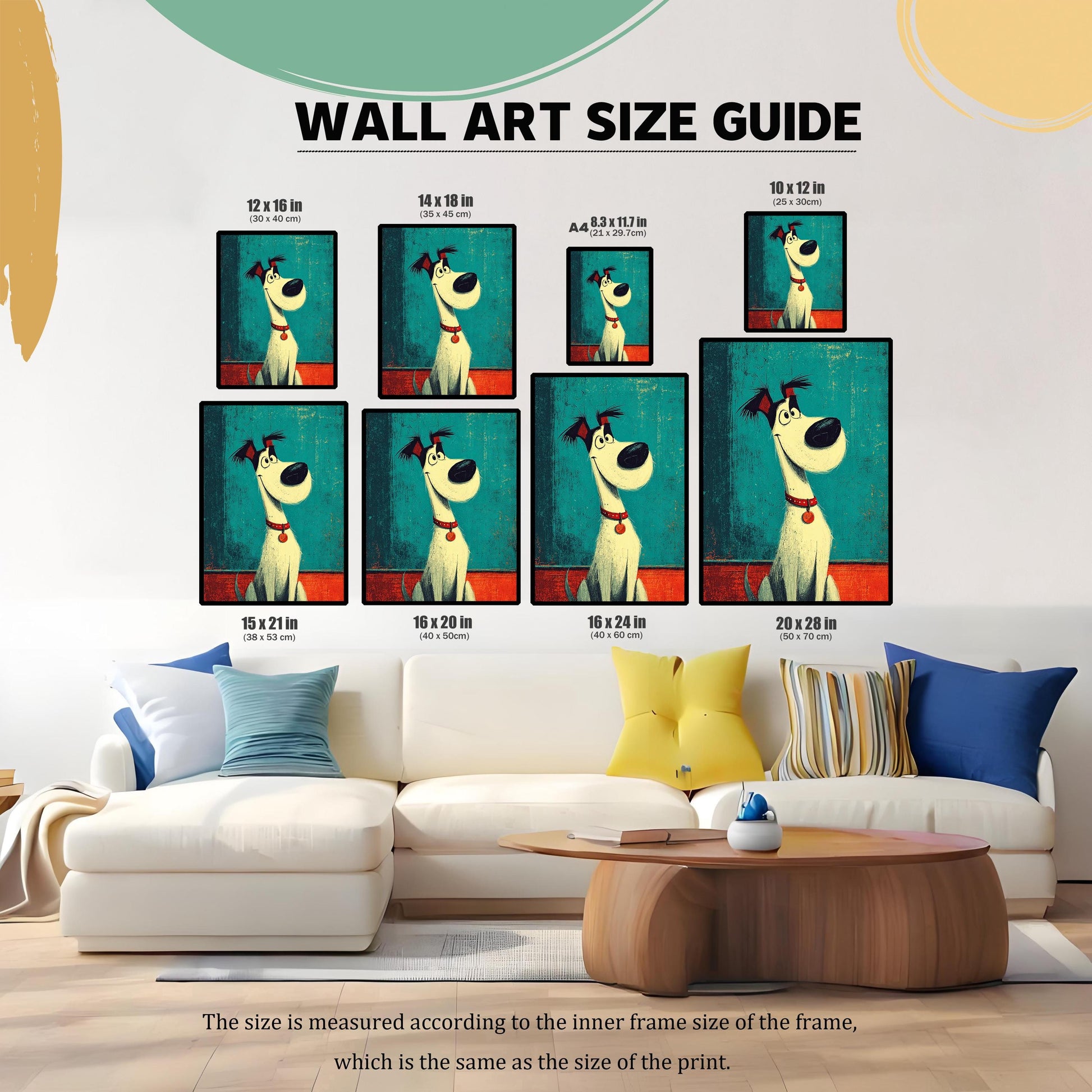 A wall art size guide displays a cartoon dog print in various sizes on a living room wall above a couch.