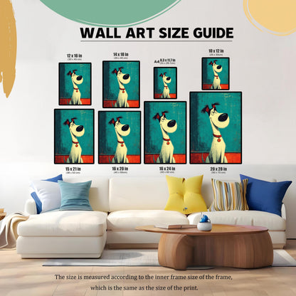 A wall art size guide displays a cartoon dog print in various sizes on a living room wall above a couch.