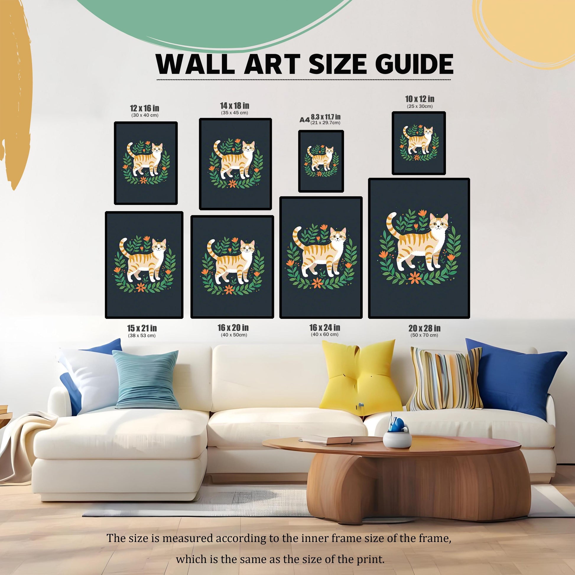 A wall art size guide showing nine different sizes of the cat print arranged on a wall above a couch. Sizes range from 8.3x11.7 inches to 20x28 inches.
