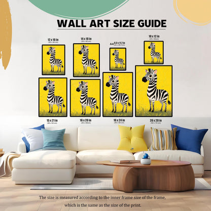 A "Wall Art Size Guide" showing a cute zebra painting in various sizes arranged on a wall above a large white couch.