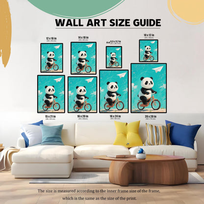 A size guide showing framed prints of a panda on a bicycle above a white couch. The prints are shown in various sizes, including 12x16, 14x18, 8.3x11.7, 10x12, 15x21, 16x20, 16x24, and 20x28.