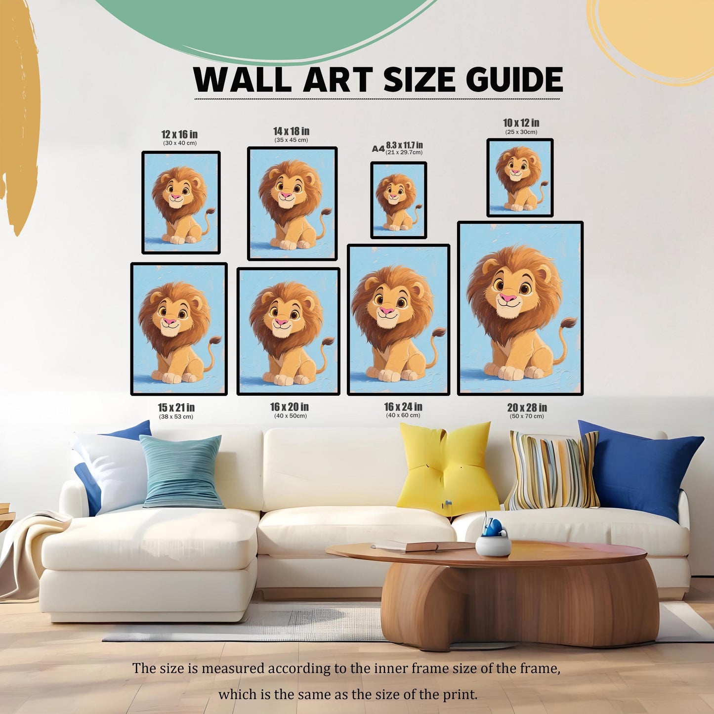 A size guide showing framed prints of a baby lion above a white couch. The prints are shown in various sizes, including 12x16, 14x18, 8.3x11.7, 10x12, 15x21, 16x20, 16x24, and 20x28.