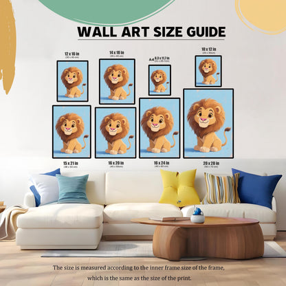 A size guide showing framed prints of a baby lion above a white couch. The prints are shown in various sizes, including 12x16, 14x18, 8.3x11.7, 10x12, 15x21, 16x20, 16x24, and 20x28.