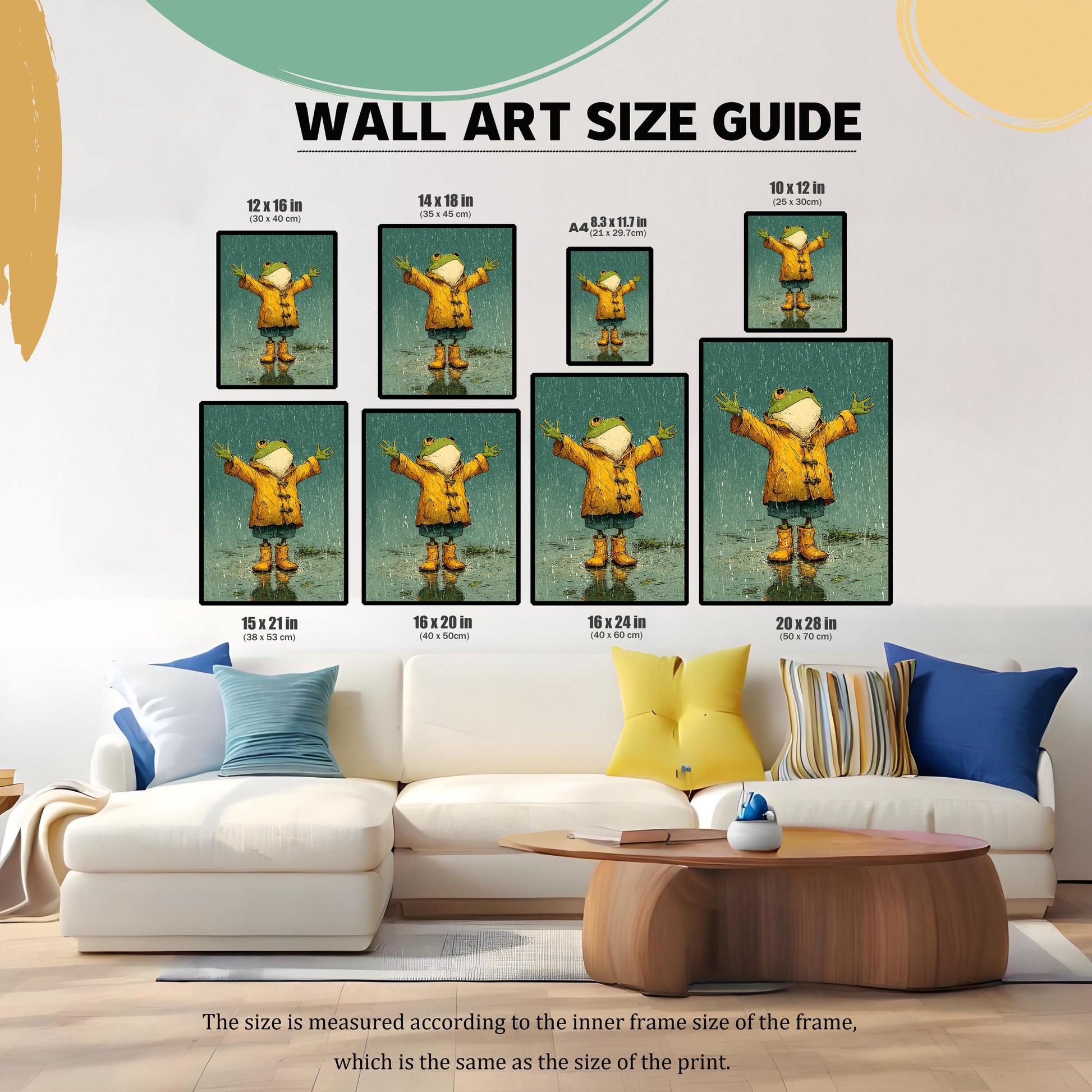 A wall art size guide showing nine different sizes of a frog painting arranged over a white couch and coffee table. Sizes range from 8.3x11.7 in to 20x28 in.