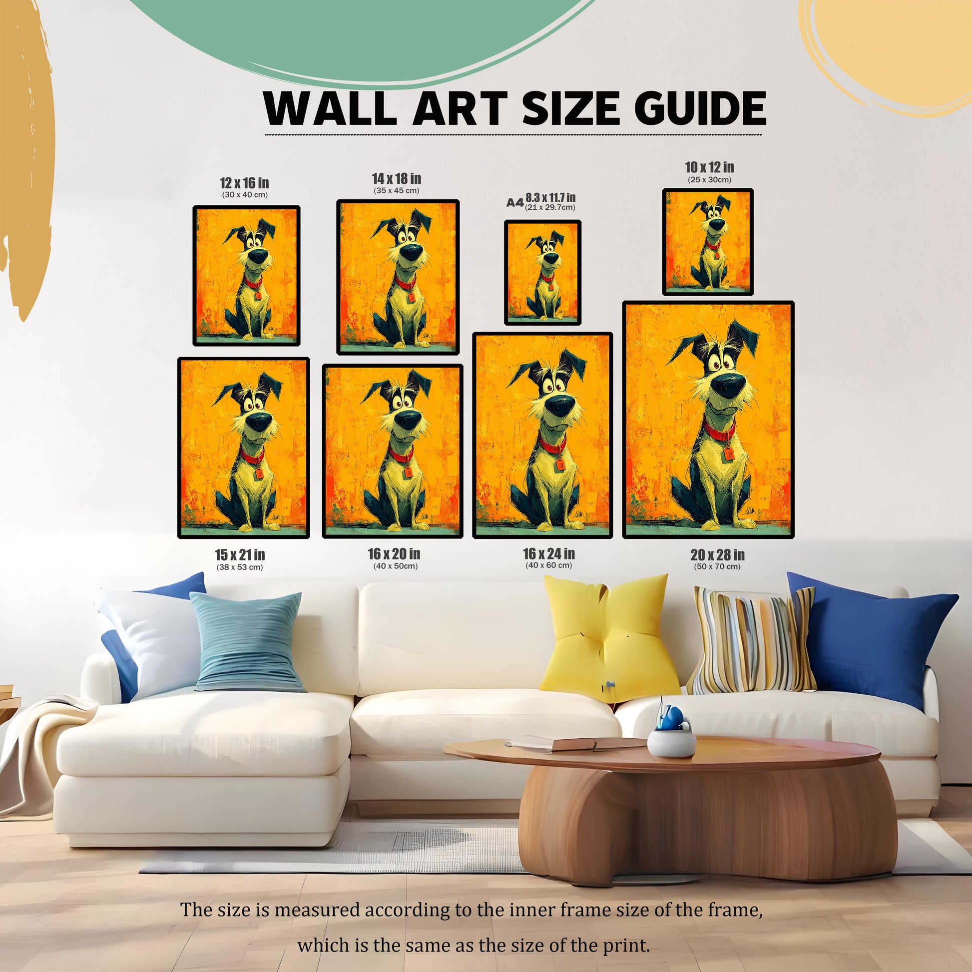 A size guide showing various frame sizes for the dog painting. The image is a composite of different-sized prints arranged above a white couch in a living room setting.