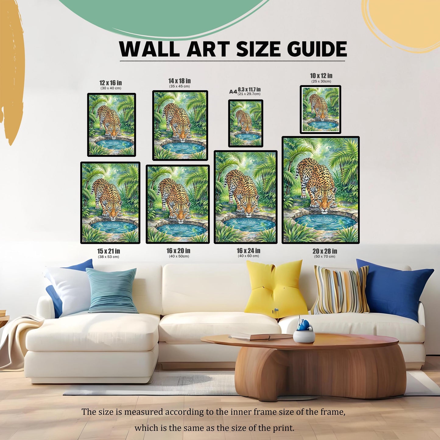 A size guide graphic showing a couch and various sizes of the leopard painting hanging on a wall above it.