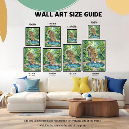 A size guide graphic showing a couch and various sizes of the leopard painting hanging on a wall above it.
