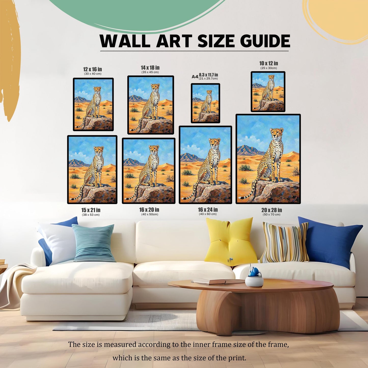 A size guide graphic showing a couch and various sizes of the cheetah painting on a wall above it.