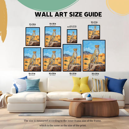 A size guide graphic showing a couch and various sizes of the cheetah painting on a wall above it.