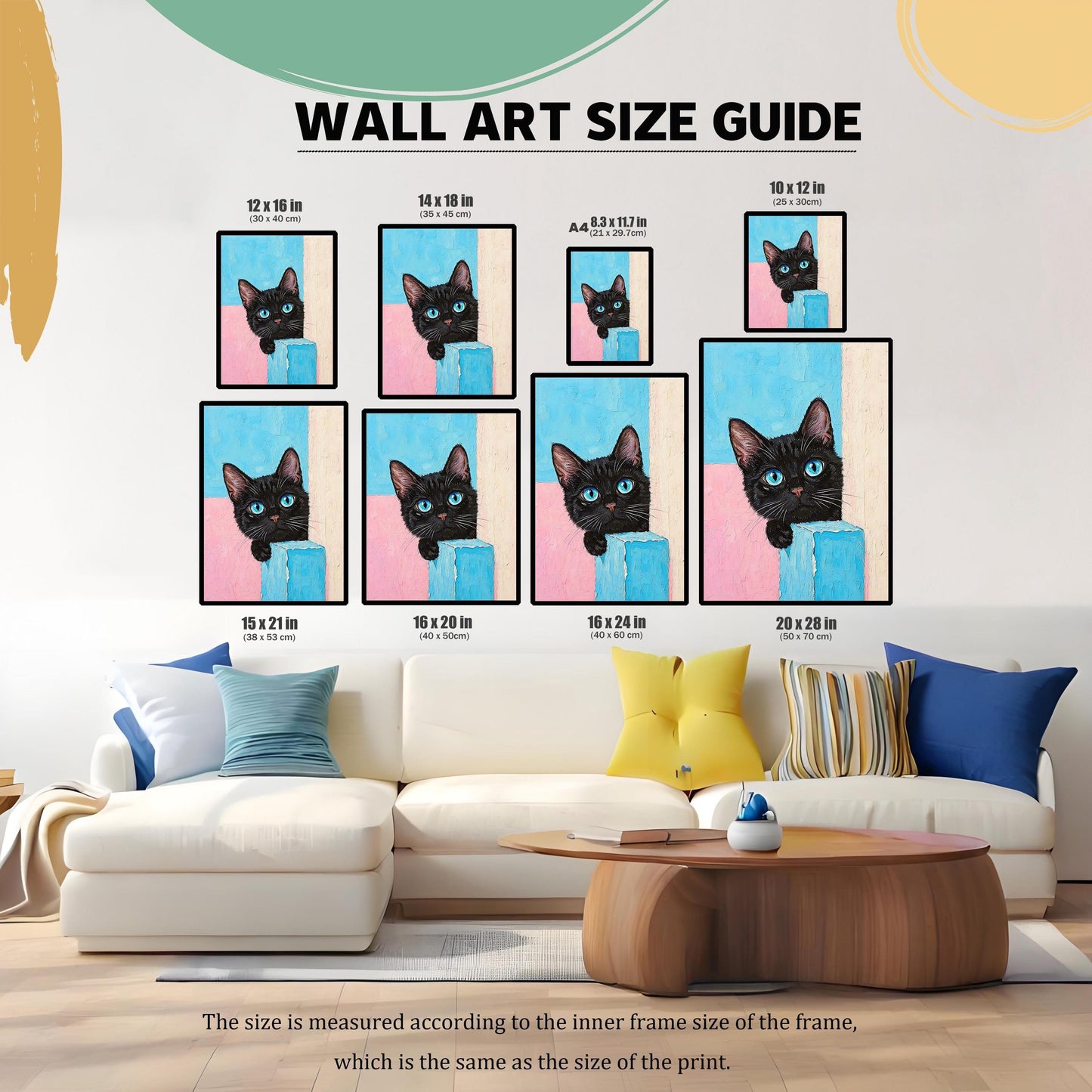 A size guide showing the cat art print in eight different sizes, displayed on a wall above a white sectional sofa.