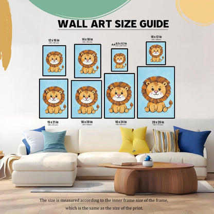 A collage showing different sizes of the lion painting displayed on a wall above a couch. An overlaid guide shows various dimensions like 12x16 and 16x20 inches.