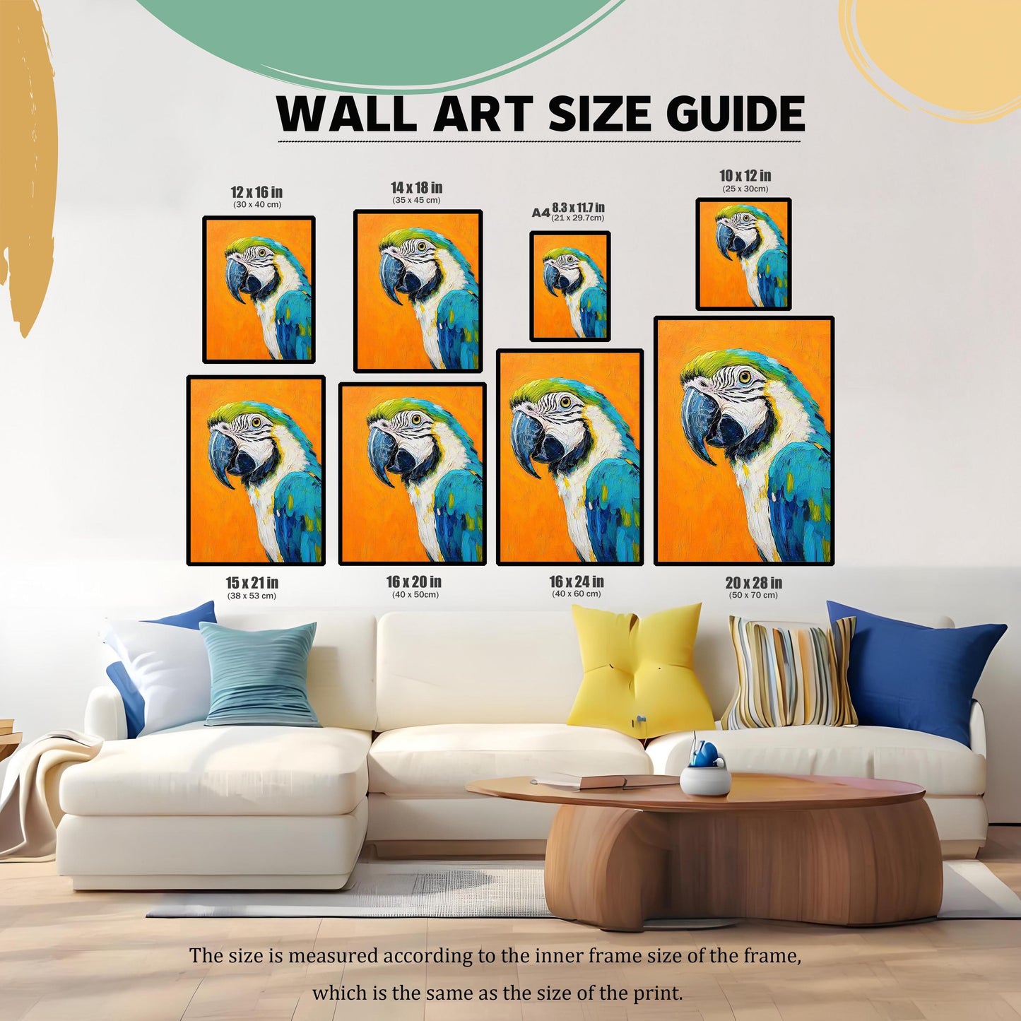 A collage showing different sizes of the parrot painting displayed on a wall above a couch. An overlaid guide shows various dimensions like 12x16 and 16x20 inches.